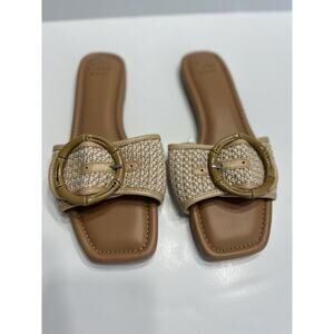 A New Day Womens Size 6.5 Bennie Buckle Slide Woven Raffia Tan Sandals